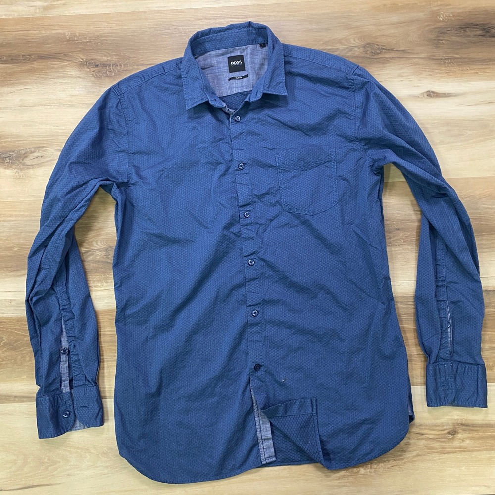 BOSS Hugo Boss Button Up Shirt L Slim Fit Geometric Honeycomb Cotton Blue